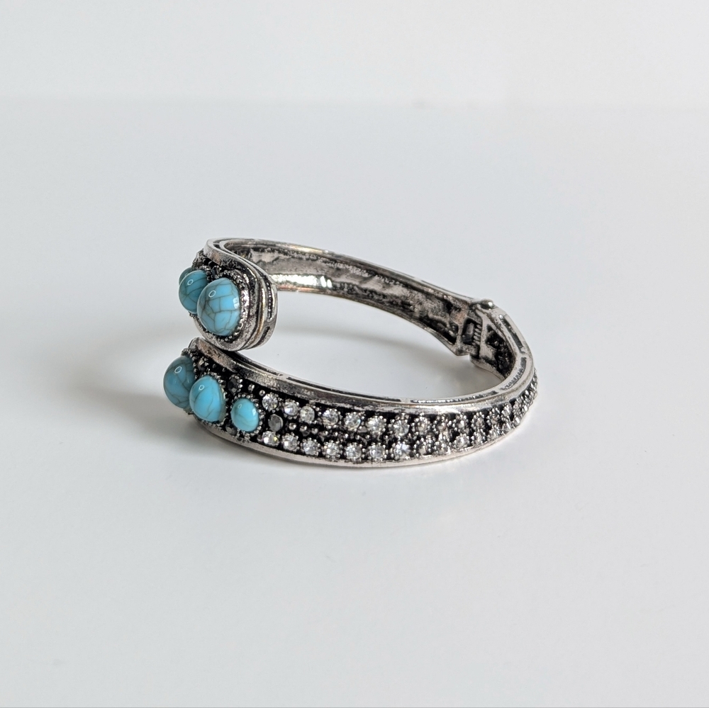 Hinged Antiqued Silver Cuff Bracelet Turquoise Cabochons Rhinestones Metal Beads - Picture 4 of 7